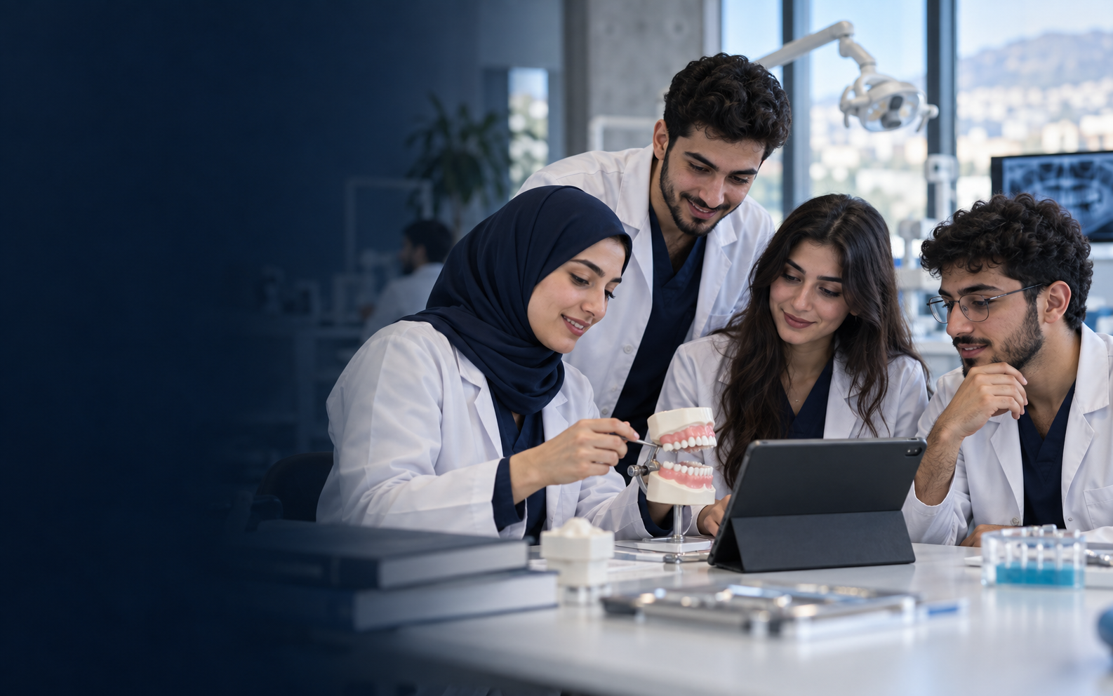 تصوّر توضيحي لطلاب طب الأسنان يتعلّمون معاً